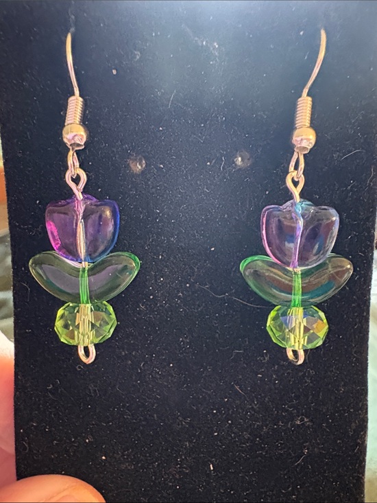 Hand Crafted Jewelry - Hand Crafted Iridescent Purple and Green Glass and Crystal Flower Drop Earrings